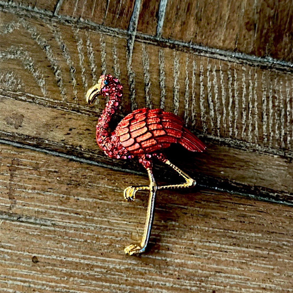 Vintage Flamingo Pink and Gold Brooch